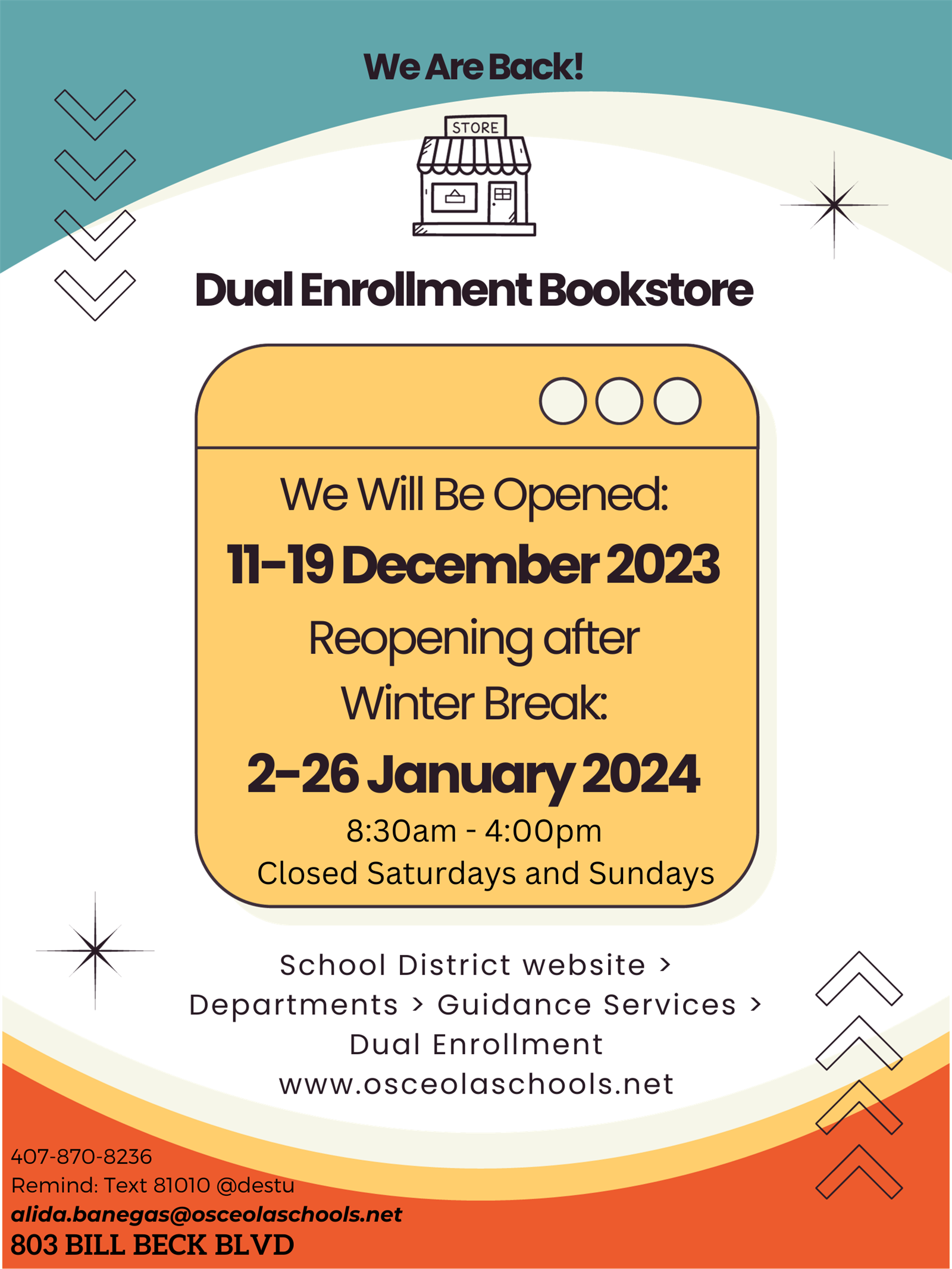 We Will Be Opened: 11-19 December 2023. Reopening after Winter Break: 2-26 January 2024 8:30am-4pm